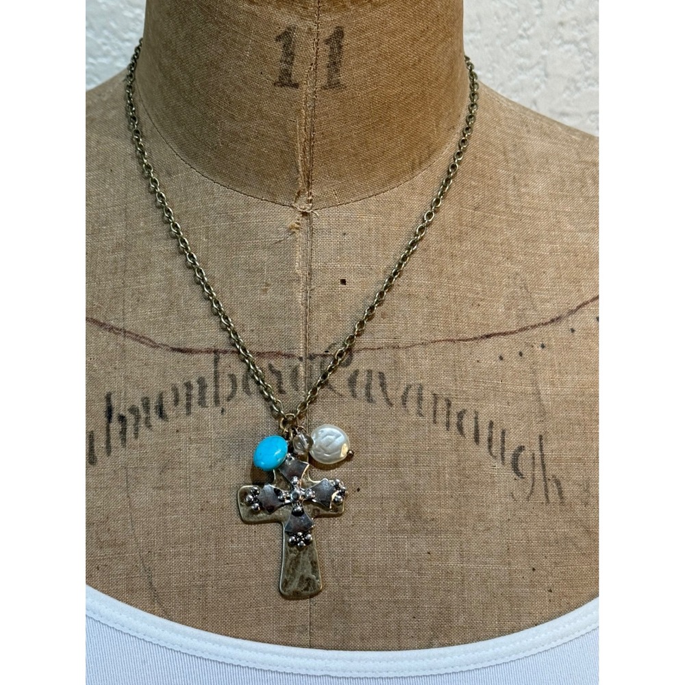 Mixed Metal Cross Pendant Charm Necklace Faux Pearl Turquoise NEW